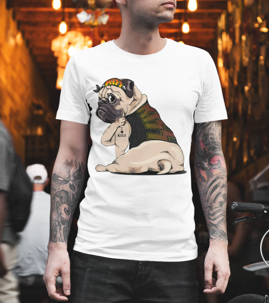 Kiss Bandana Pug With I Love Kiss Tattoo T-Shirt
