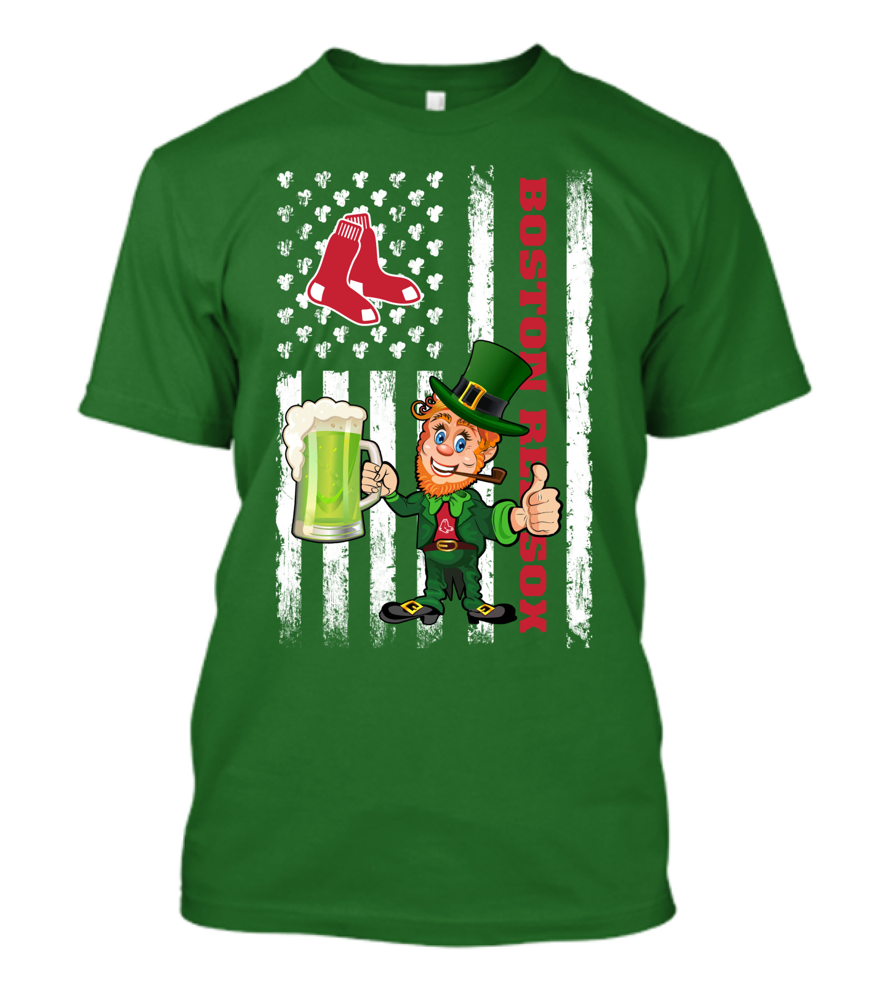 Boston Red Sox St Patrick's Day Leprechaun With Clover Flag And Beer Mug T-Shirt