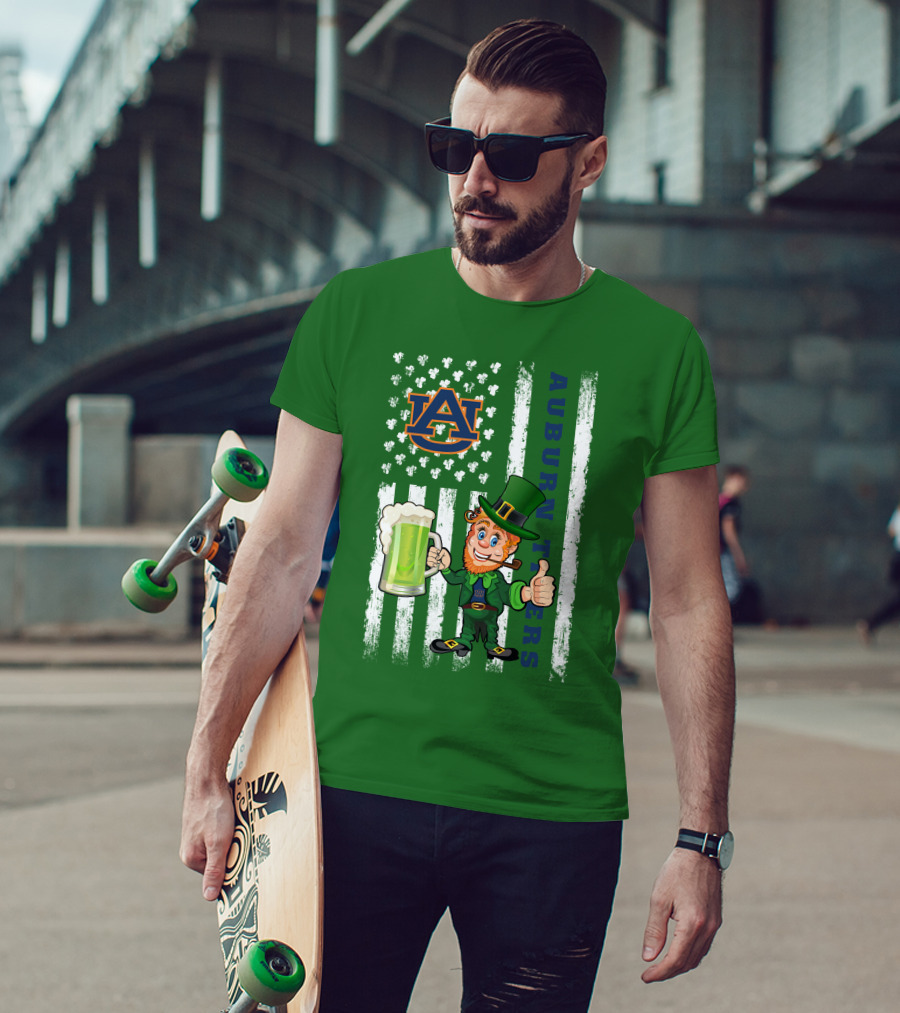 Auburn Tigers Leprechaun Holding Beer With Shamrocks St Patrick's Day T-Shirt