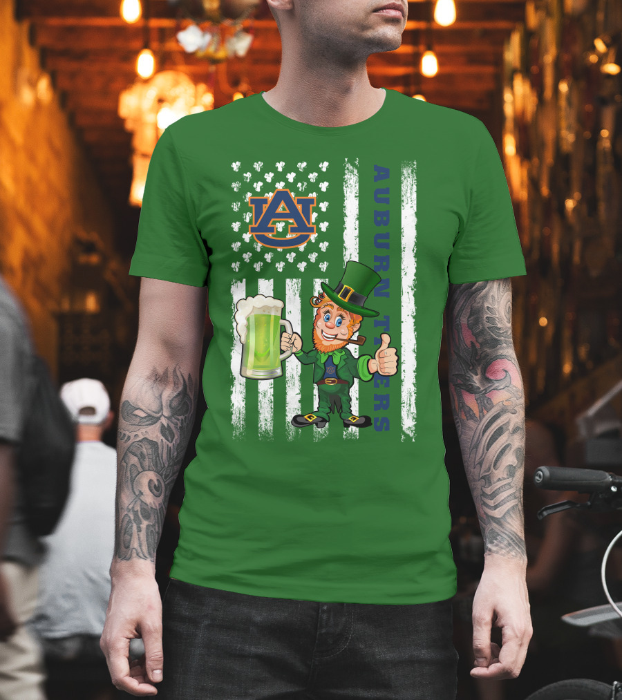 Auburn Tigers Leprechaun Holding Beer With Shamrocks St Patrick's Day T-Shirt