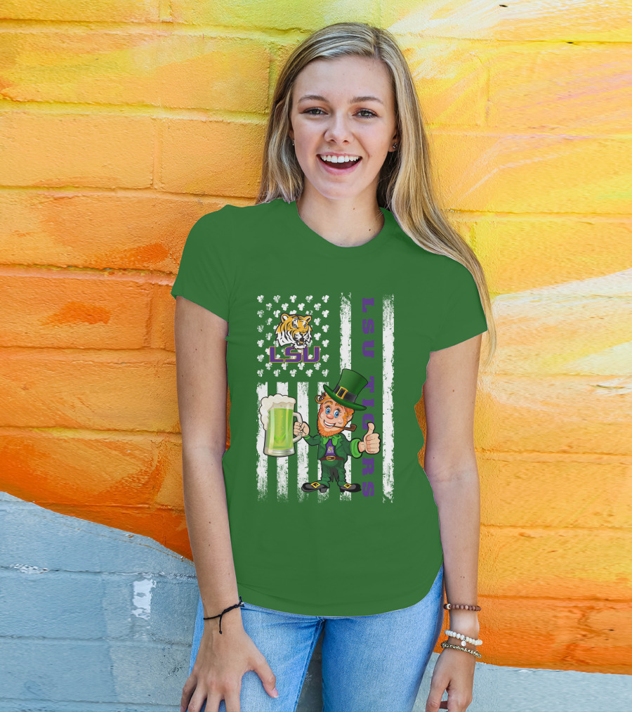 LSU Tigers St Patrick's Day Leprechaun Irish Flag With Beer Mug T-Shirt