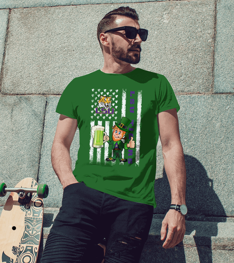 LSU Tigers St Patrick's Day Leprechaun Irish Flag With Beer Mug T-Shirt