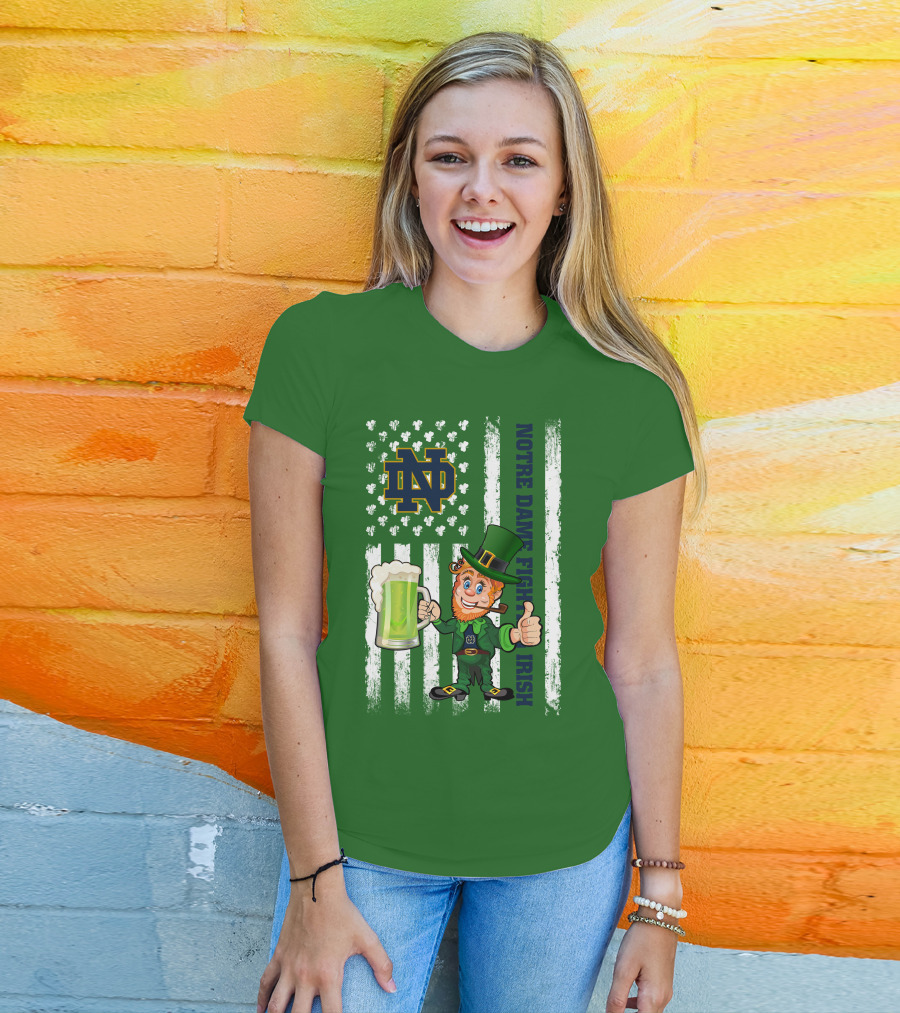 Notre Dame Fighting Irish Leprechaun With Beer And Shamrock Flag T-Shirt