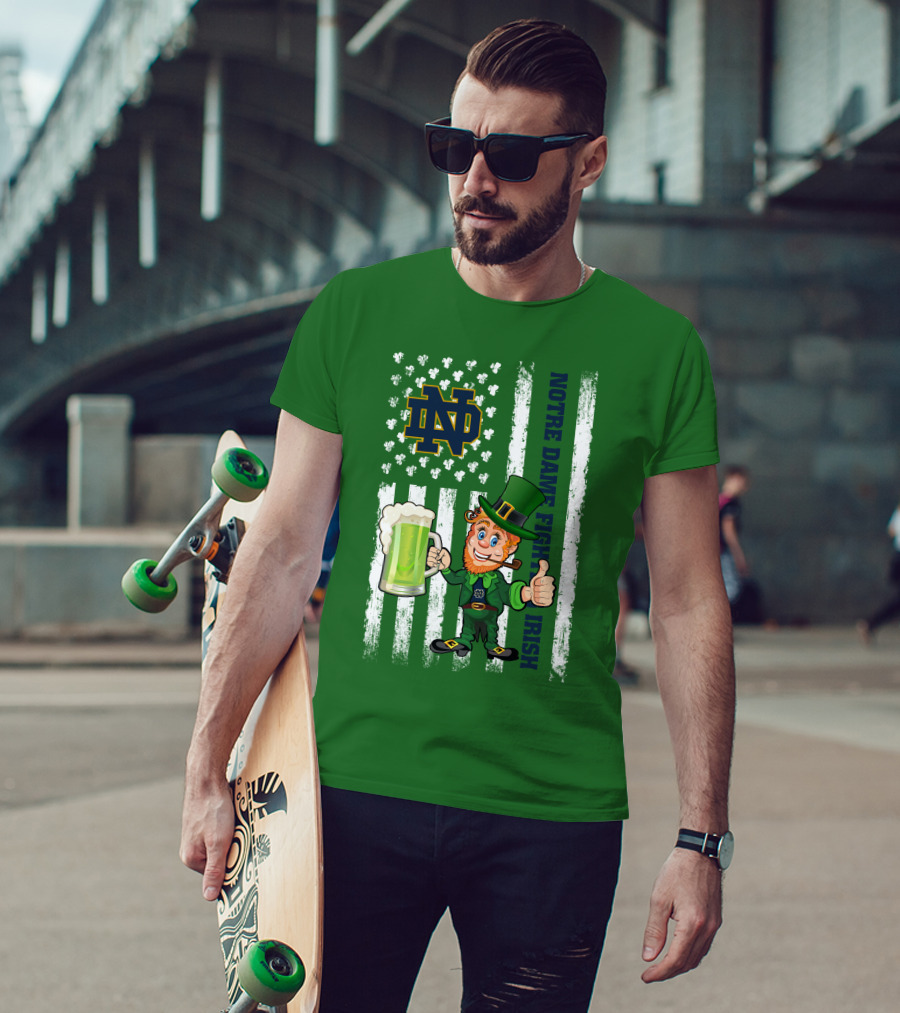 Notre Dame Fighting Irish Leprechaun With Beer And Shamrock Flag T-Shirt