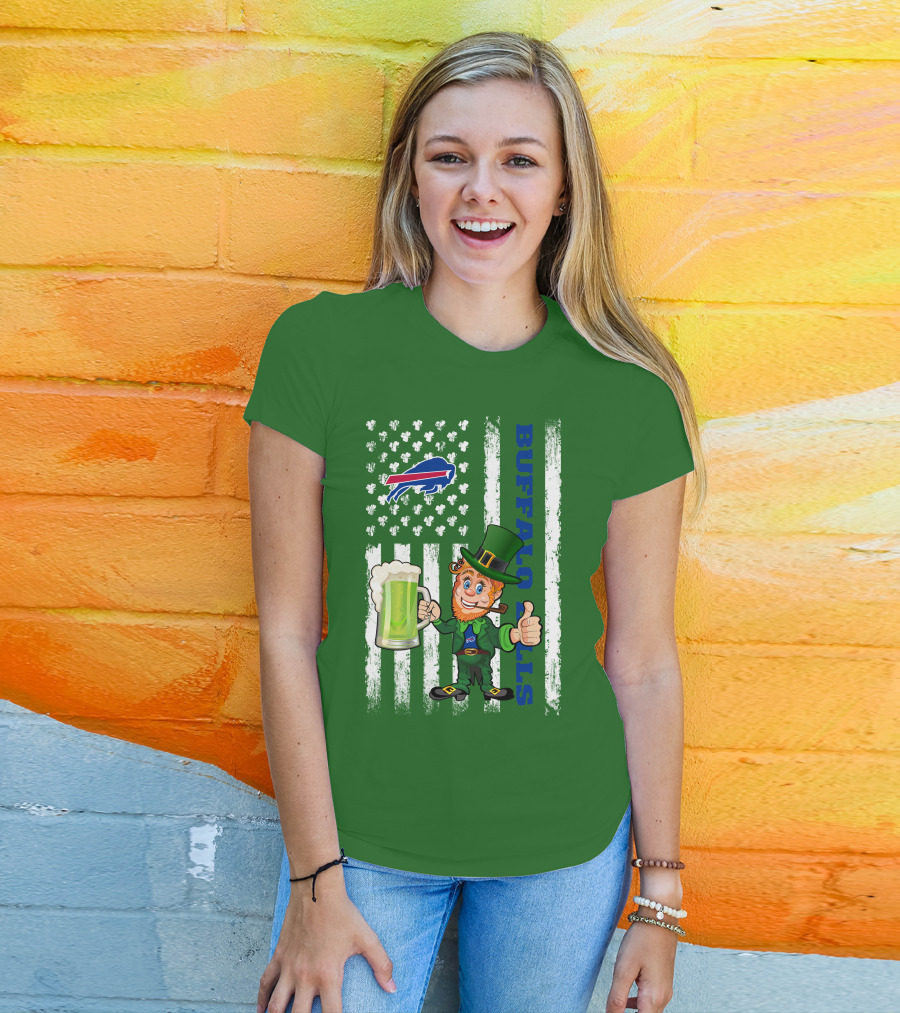 Buffalo Bills St Patrick's Day Leprechaun American Flag Shamrocks Beer T-Shirt