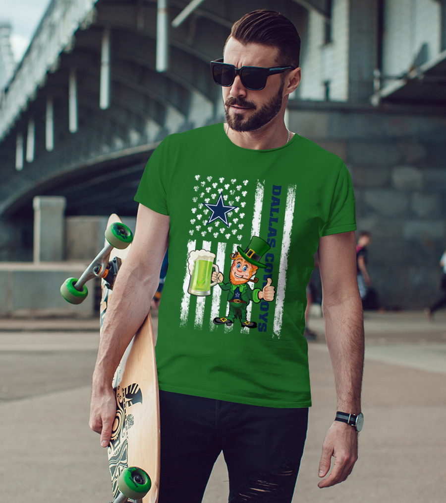 Dallas Cowboys St Patrick's Day Leprechaun Flag Beer Shamrocks Star T-Shirt