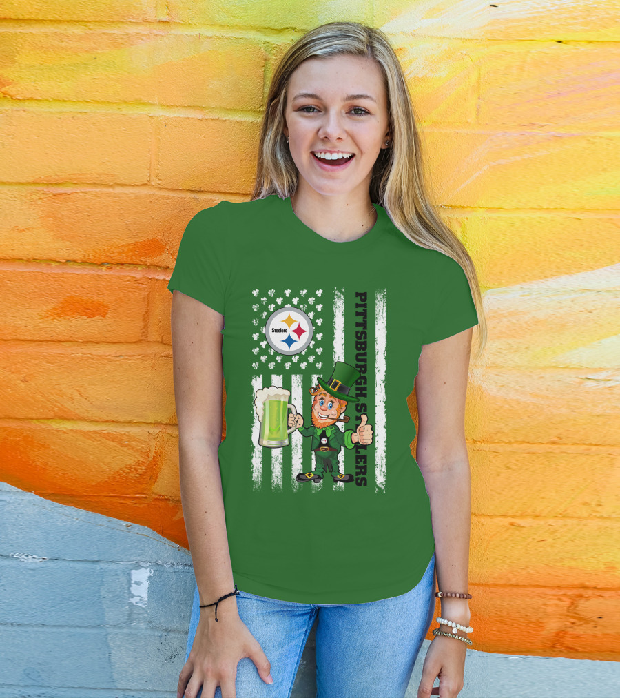 Pittsburgh Steelers Leprechaun St Patrick's Day Shamrock Beer Flag T-Shirt