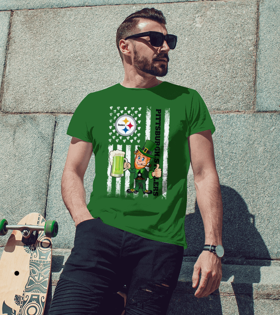 Pittsburgh Steelers Leprechaun St Patrick's Day Shamrock Beer Flag T-Shirt