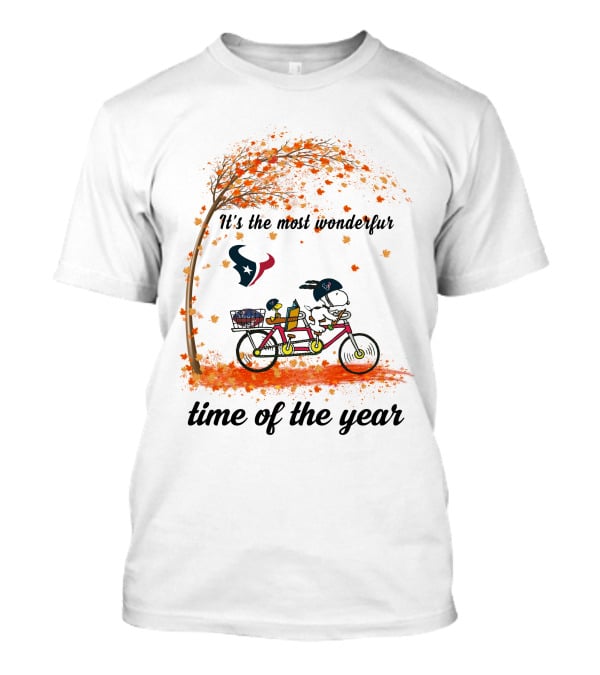 Houston Texans Snoopy Autumn Bicycle It's The Most Wonderful Time Of The Year T-Shirt
