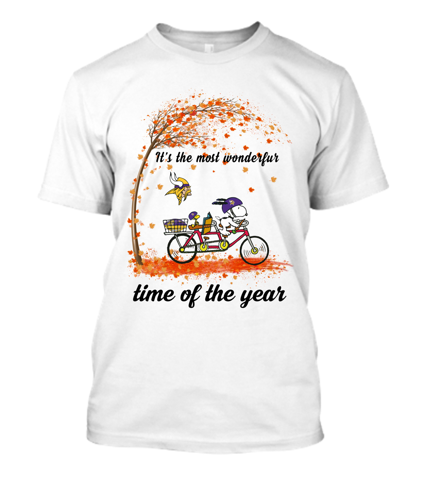 Minnesota Vikings Snoopy Autumn Bicycle Most Wonderful Time Of The Year T-Shirt