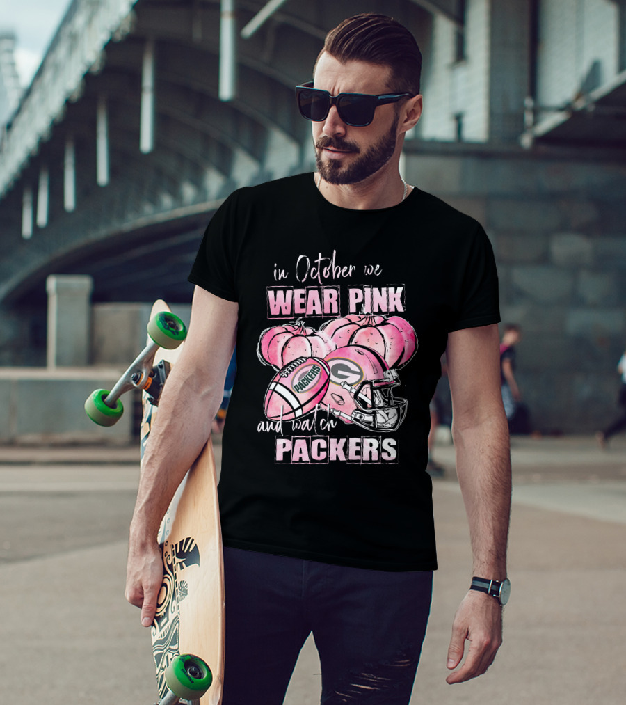 In October We Wear Pink Pumpkins And Watch Packers Football Helmet T-Shirt