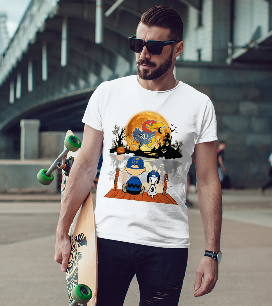 Kansas Jayhawks Halloween KU  Peanuts Moon Charlie Brown Snoopy Pumpkin T-Shirt