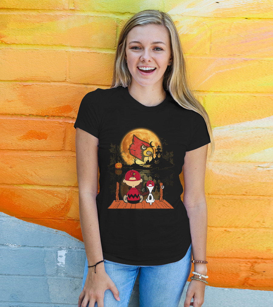 Louisville Cardinals Halloween Moon Scene With Characters And Haunted House T-Shirt