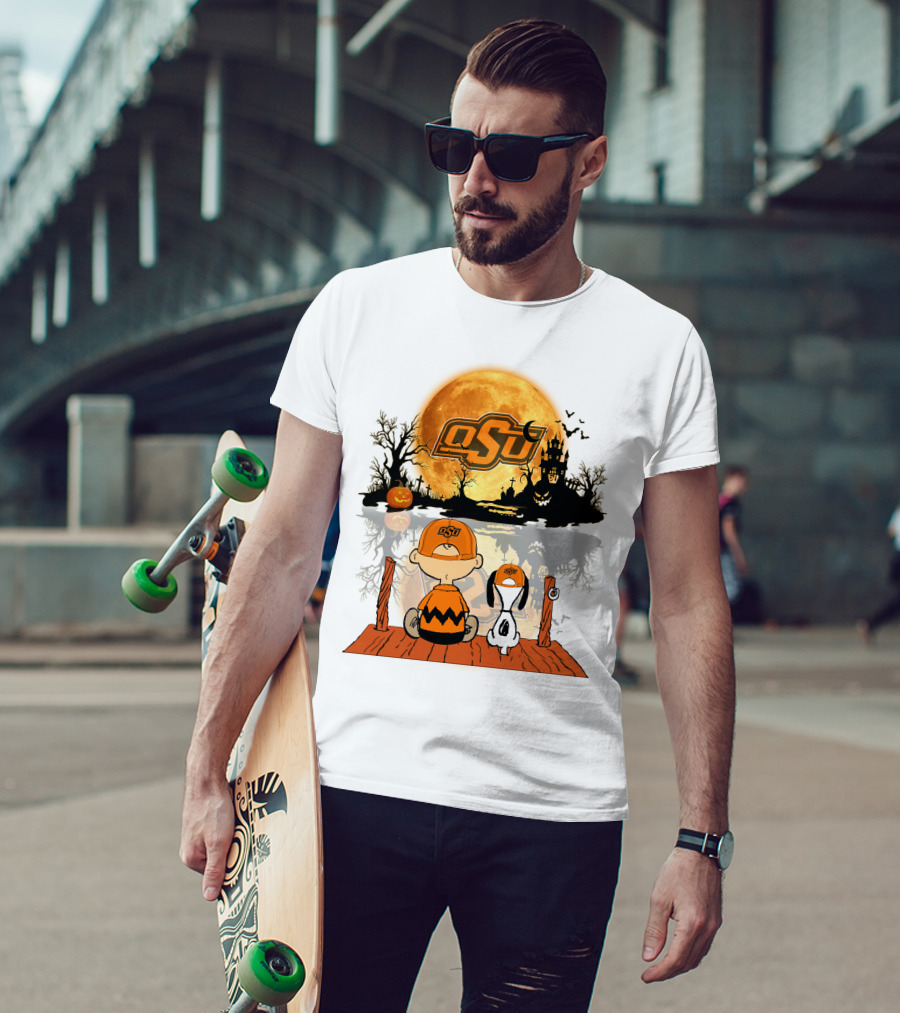 Oklahoma State Cowboys Halloween OSU Moon Charlie And Snoopy T-Shirt
