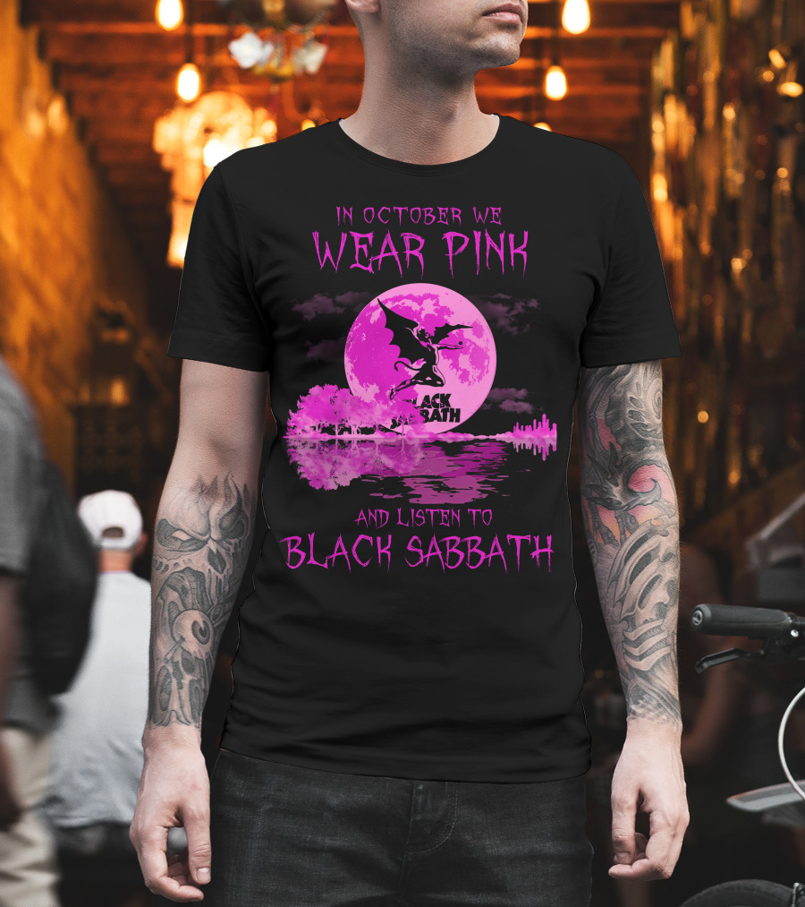 In October We Wear Pink With Black Sabbath Bat Silhouette And Pink Moon Reflection T-Shirt