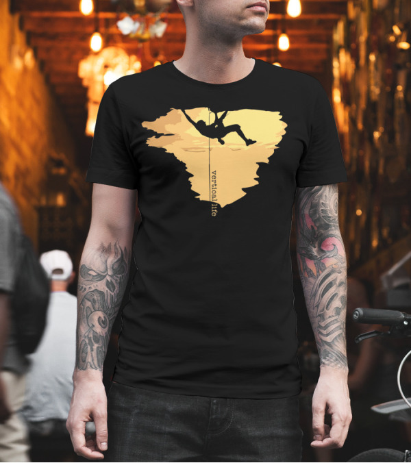 Vertical Life Rock Climbing Silhouette in Sunset Yellow T-Shirt Vertical Life Rock Climbing Silhouette in Sunset Yellow T-Shirt