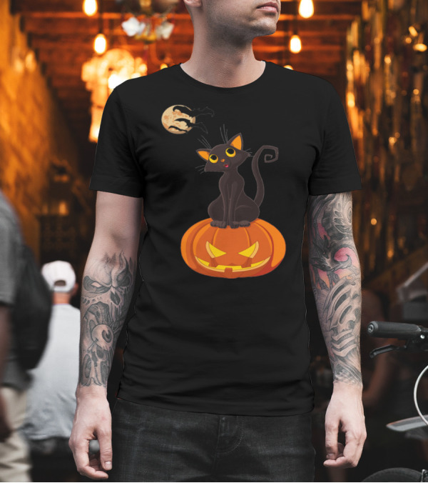 Hallow Night Black Cat on Pumpkin with Moon and Bats T-Shirt Hallow Night Black Cat on Pumpkin with Moon and Bats T-Shirt