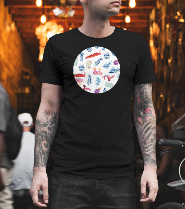 Colorful Nudibranchs Pattern on Dark Background featuring Marine Creatures T-Shirt Colorful Nudibranchs Pattern on Dark Background featuring Marine Creatures T-Shirt