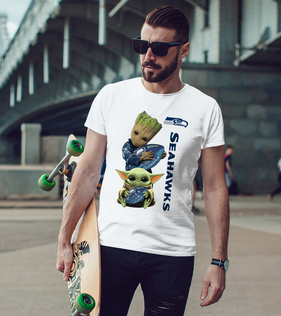 Baby Groot And Baby Yoda Hugging Seahawks Football T-Shirt