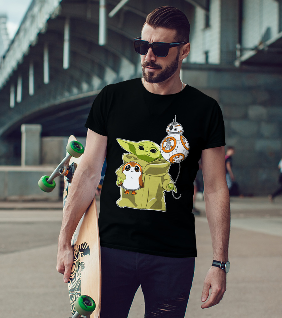 Baby Yoda Hug Sad Porg With BB-8 Balloon T-Shirt