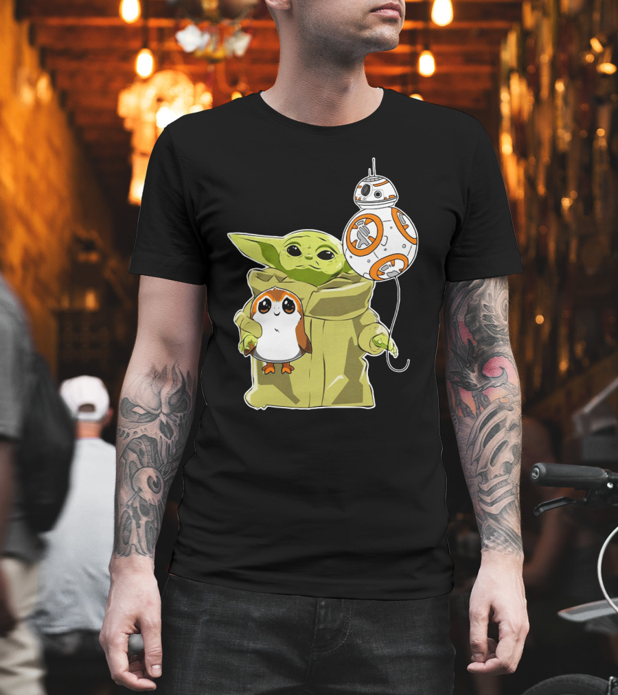 Baby Yoda Hug Sad Porg with BB-8 Balloon T-Shirt