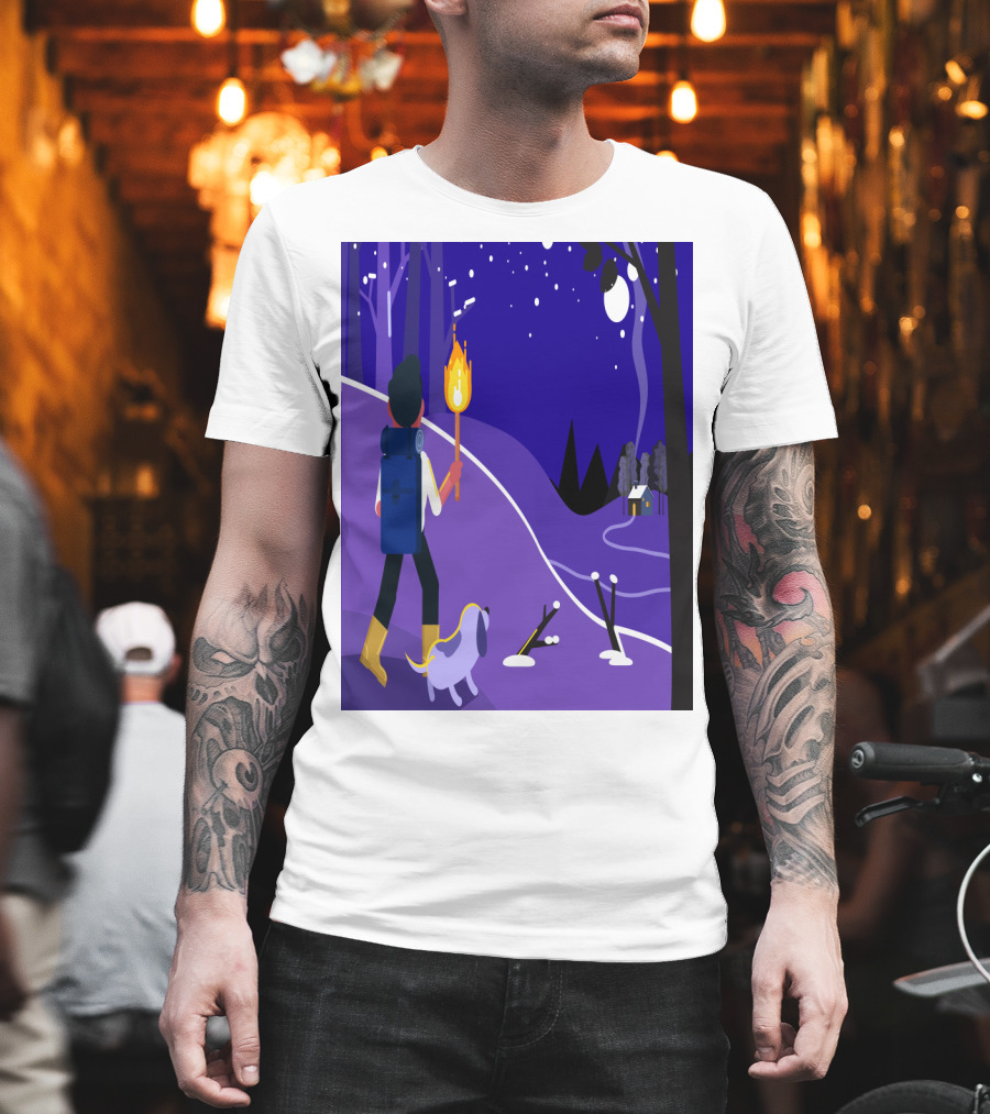 Nighttime Hiker With Backpack And Dog Under Moonlit Sky T-Shirt