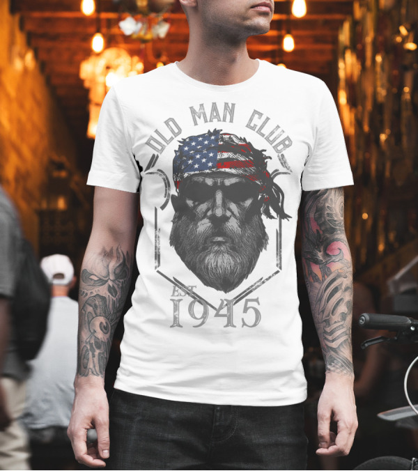 Old Man Club Est. 1945 Patriotic Flag Bandana Beard T-Shirt Old Man Club Est. 1945 Patriotic Flag Bandana Beard T-Shirt