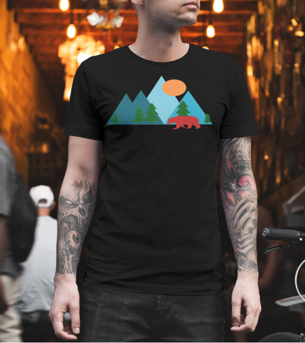 Mountains Nature Scene with Bear and Sun in Forest Landscape T-Shirt Mountains Nature Scene with Bear and Sun in Forest Landscape T-Shirt