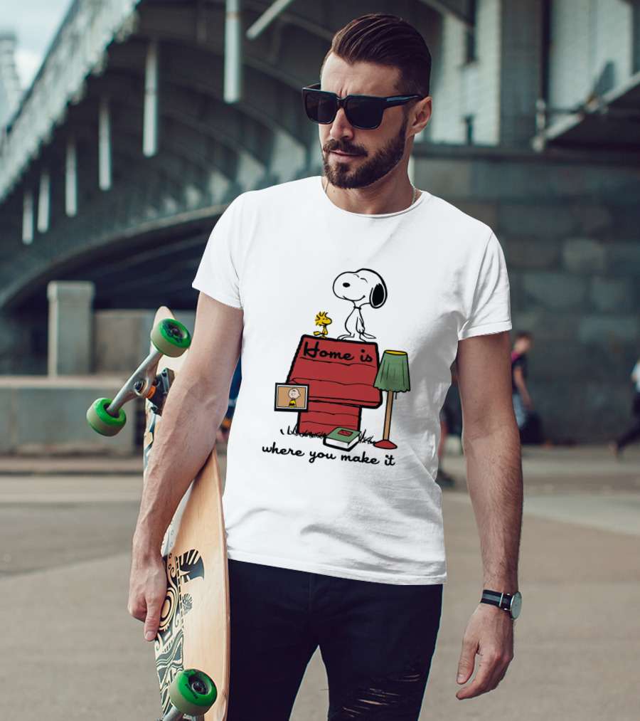 Home Is Where You Make It Snoopy Doghouse Woodstock Charlie Brown Peanuts Iconic Image T-Shirt
