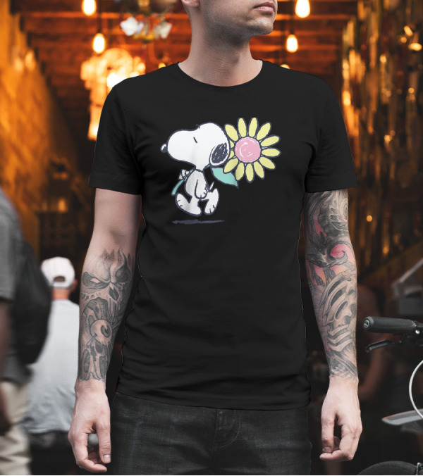 Snoopy Walking with Pink Daisy Flower Peanuts T-Shirt Snoopy Walking with Pink Daisy Flower Peanuts T-Shirt
