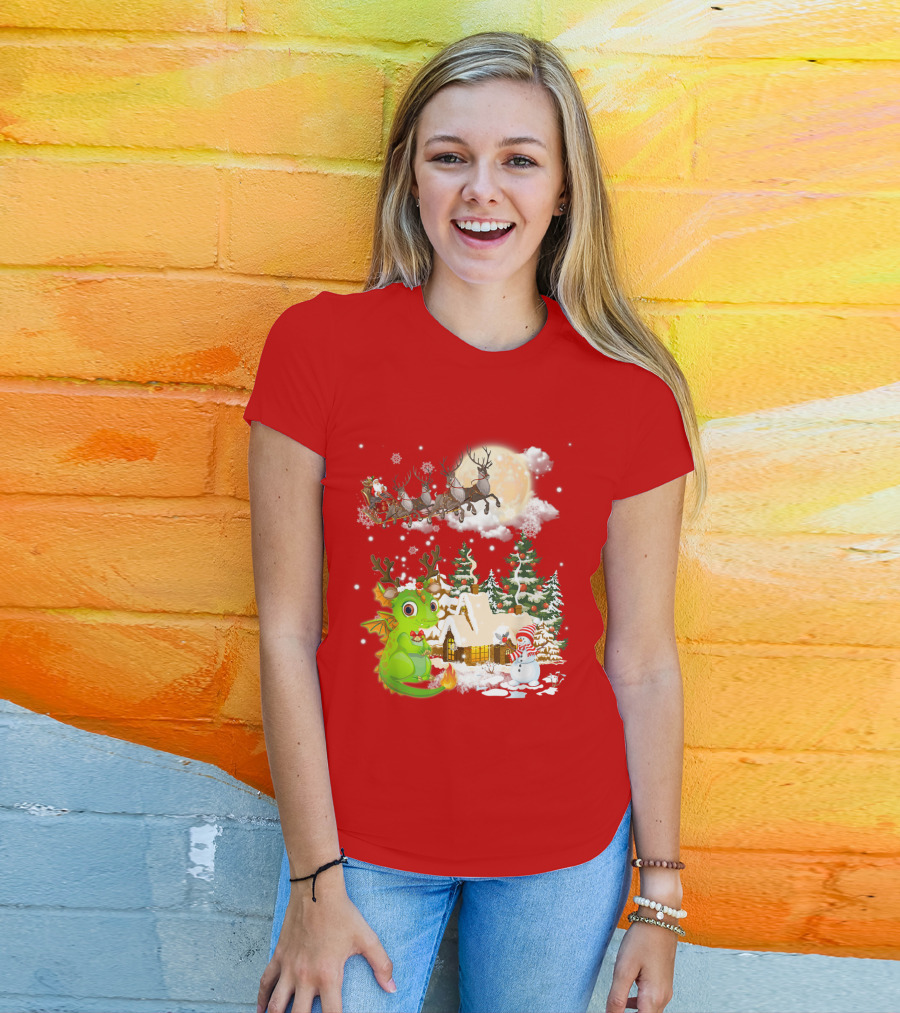 Santa's Sleigh Ride Over Snowy Village With Festive Dragon T-Shirt