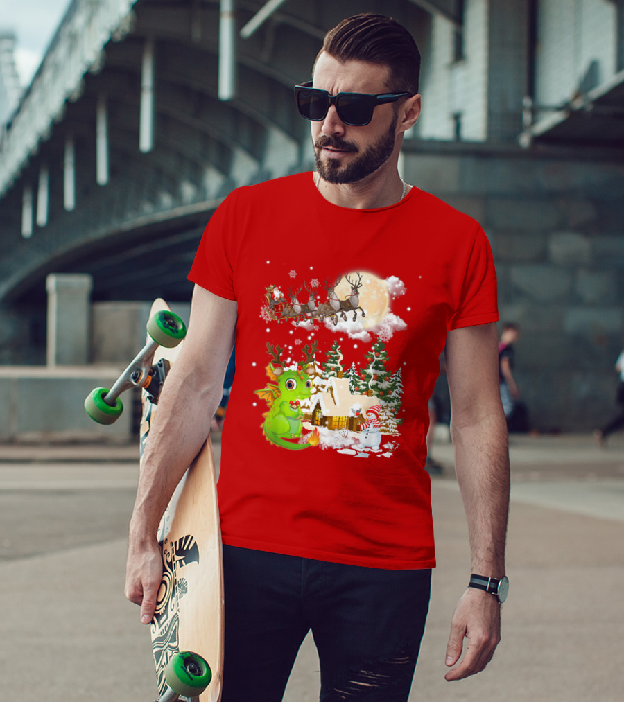 Santa's Sleigh Ride Over Snowy Village With Festive Dragon T-Shirt