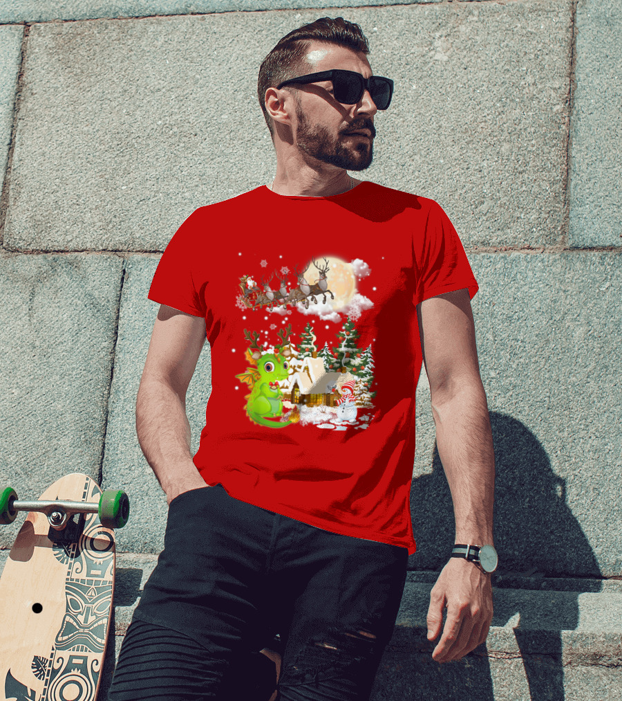 Santa's Sleigh Ride Over Snowy Village With Festive Dragon T-Shirt