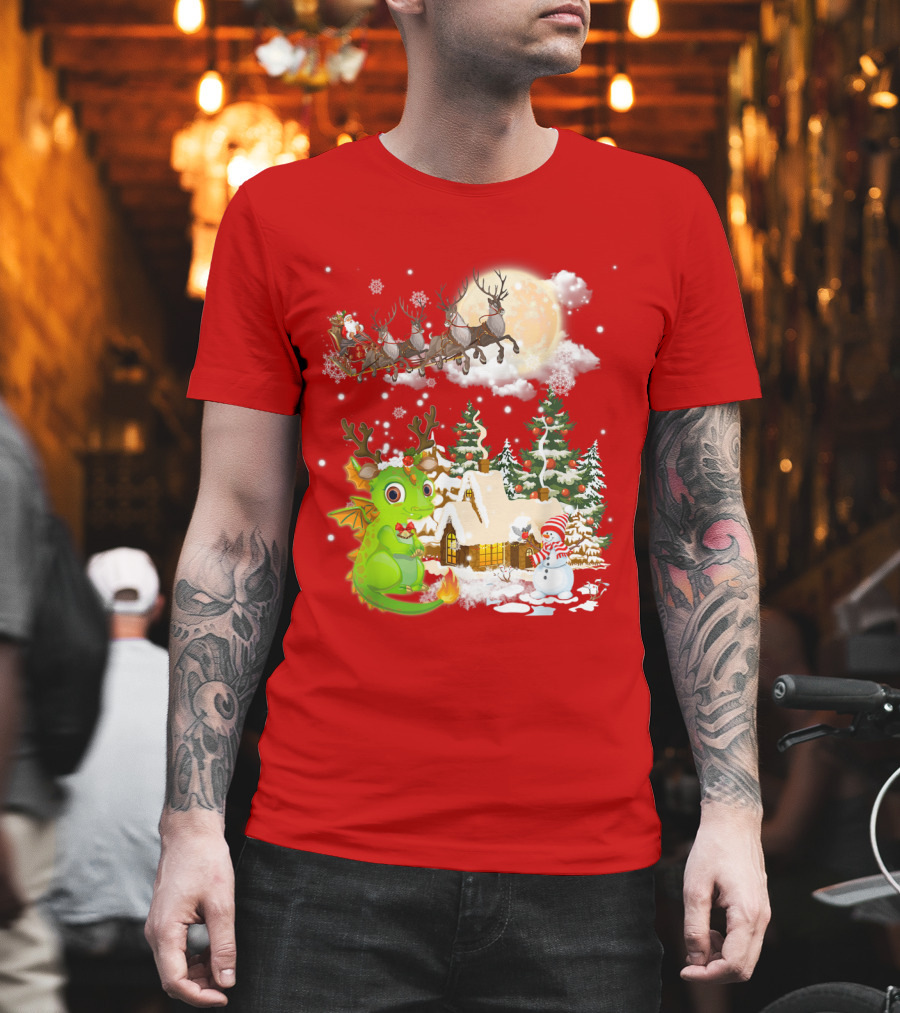 Santa's Sleigh Ride Over Snowy Village With Festive Dragon T-Shirt