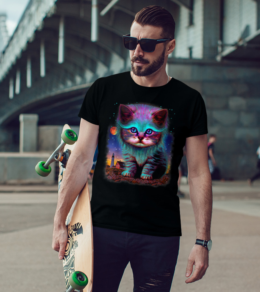 Alien Cat Fantasy Galaxy In Colorful Space With Cute Kitten And Lighthouse Moon Stars T-Shirt