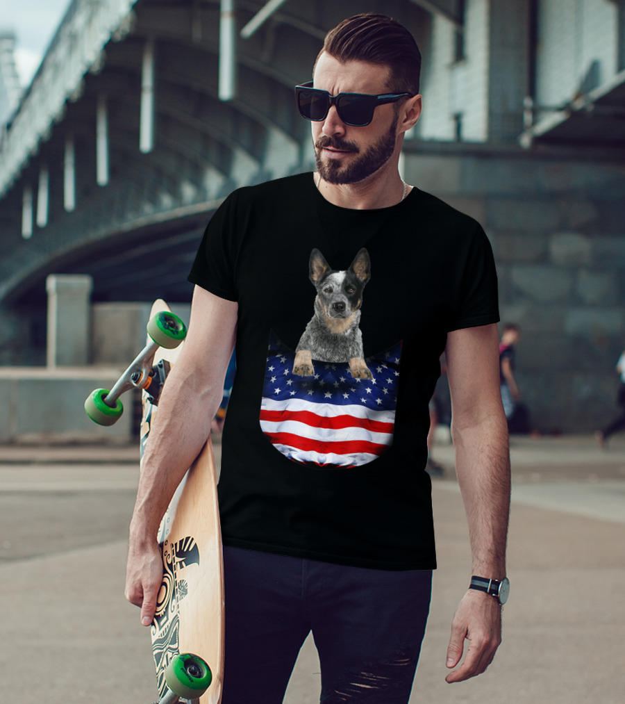 Australian Cattle Dog Pocket Funny American Flag Dog T-Shirt