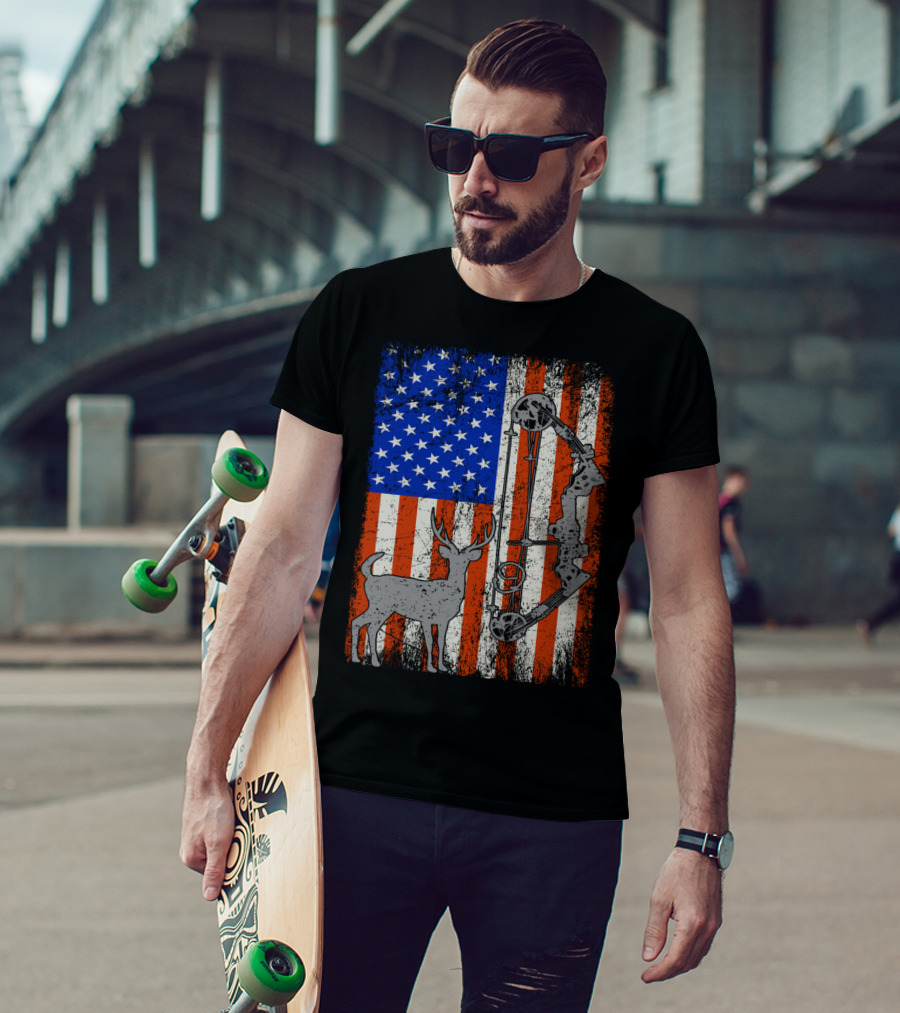 American Flag Deer Bow Hunter Hunting T-Shirt