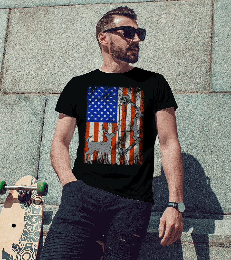 American Flag Deer Bow Hunter Hunting T-Shirt