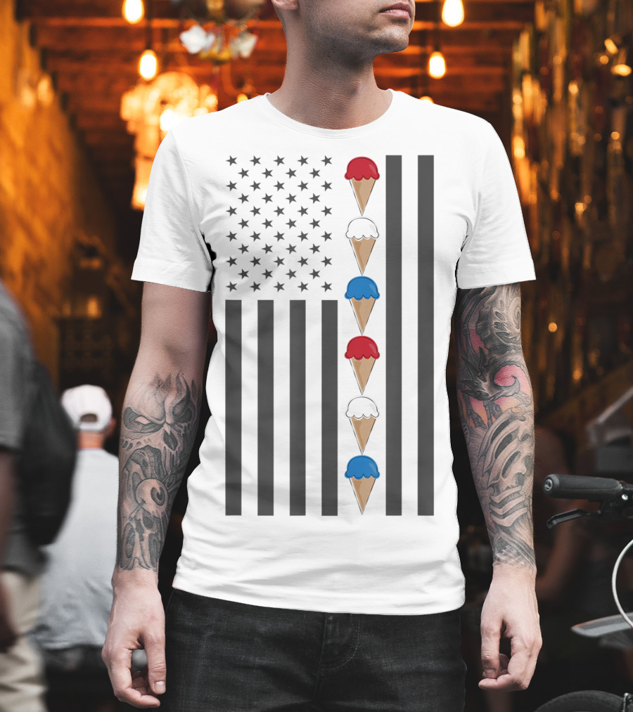 American Flag Ice Cream Cones Red White and Blue Patriotic Summer T-Shirt