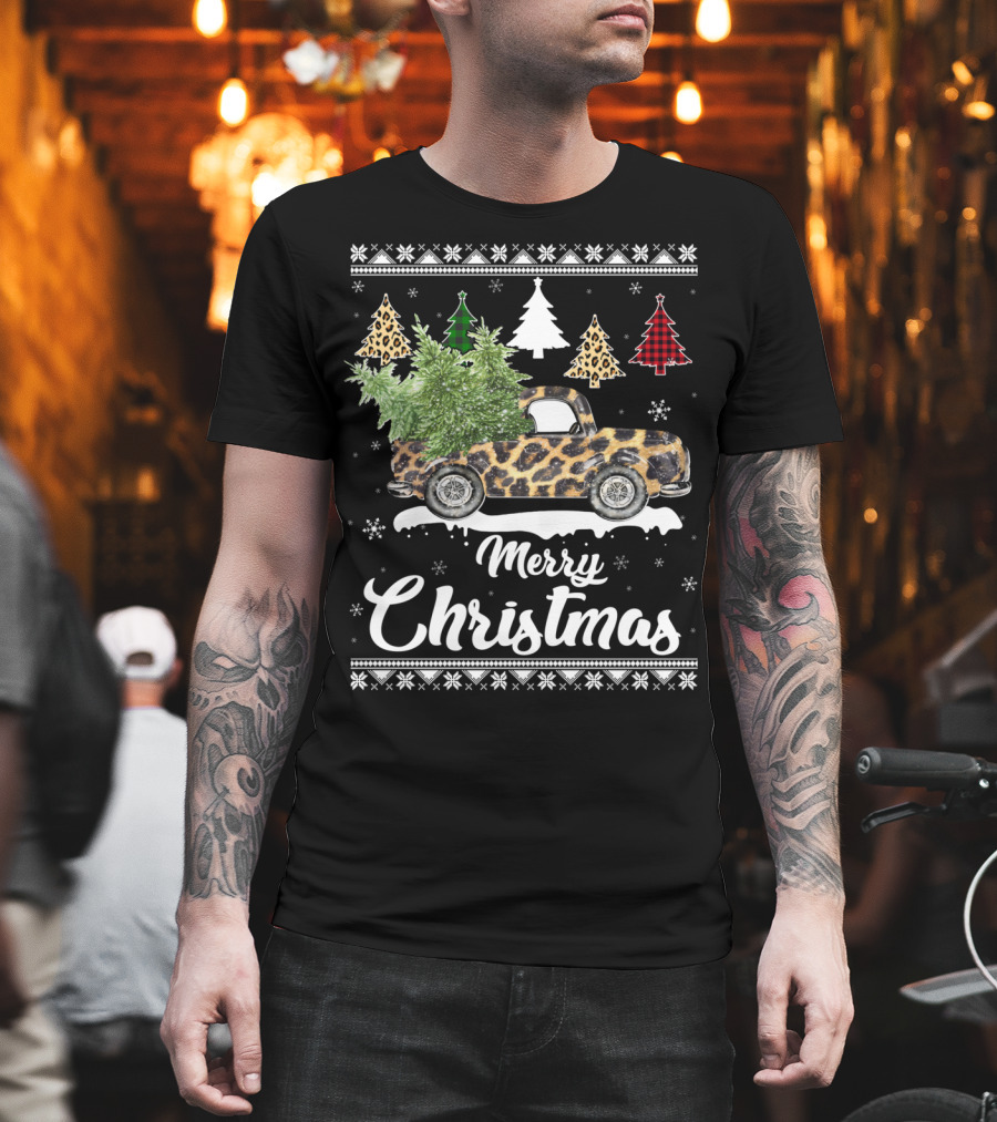 Merry Christmas Leopard Truck Plaid Trees Snowflakes T-Shirt