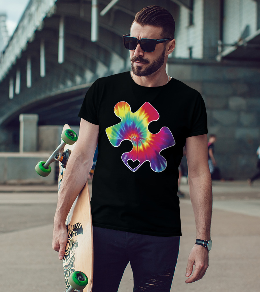 Tie-Dye Puzzle Piece Heart Cool Autism Awareness T-Shirt