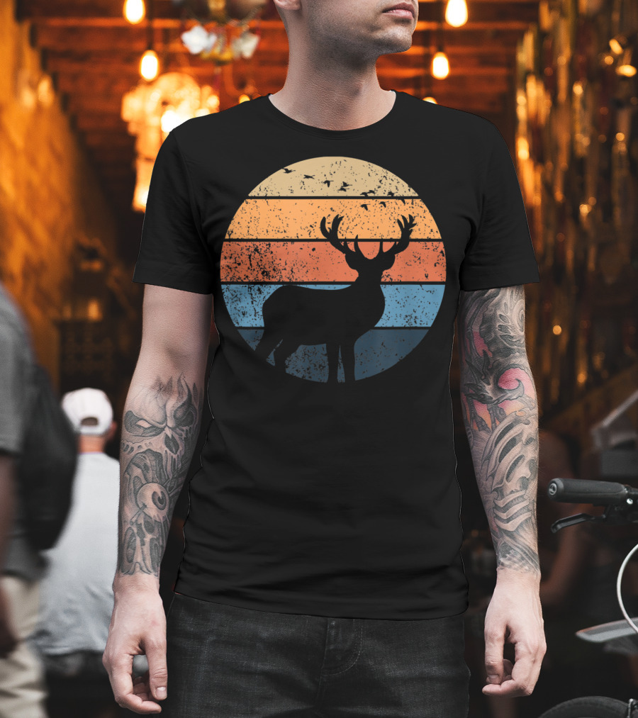 Deer Silhouette Retro Sunset With Flying Birds T-Shirt