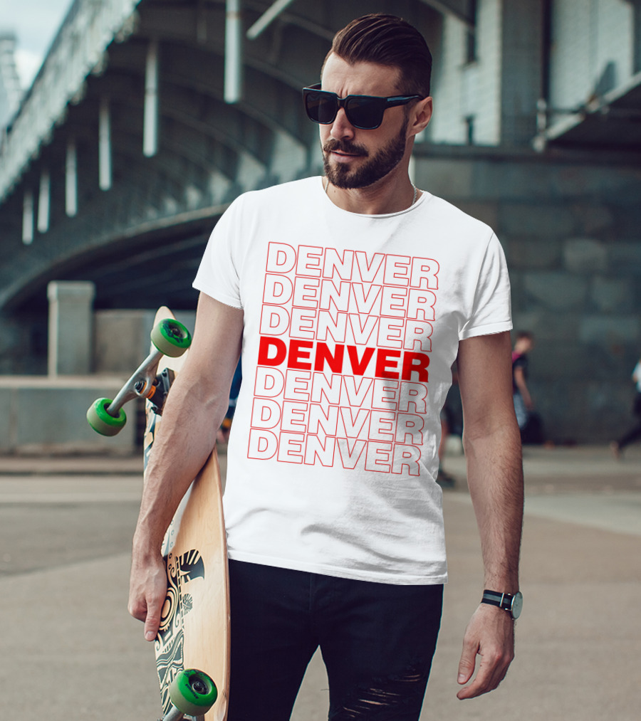 Denver Colorado Thank You Bag Style Repeated Red Lettering T-Shirt