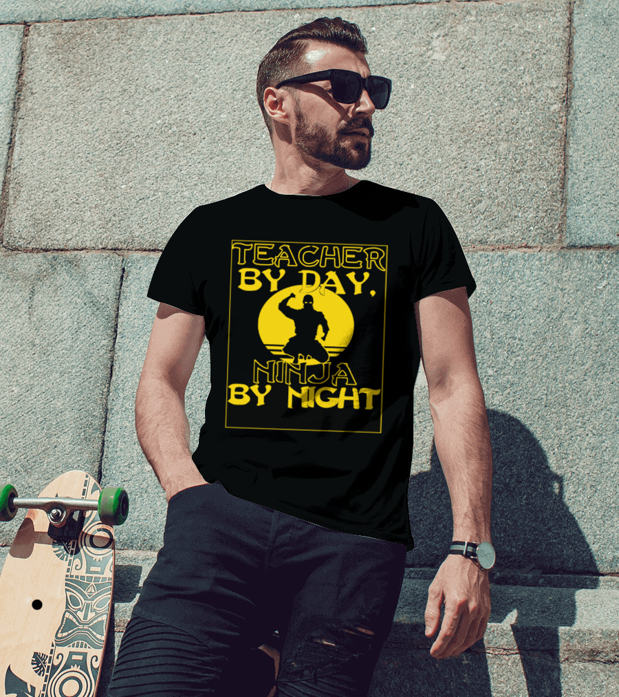 Teacher By Day Ninja By Night Silhouette Against Yellow Circle T-Shirt