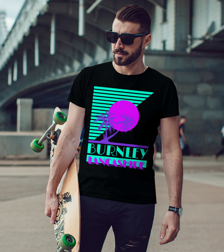 Burnley Lancashire 80s Style Retro Palm Trees And Sunset T-Shirt