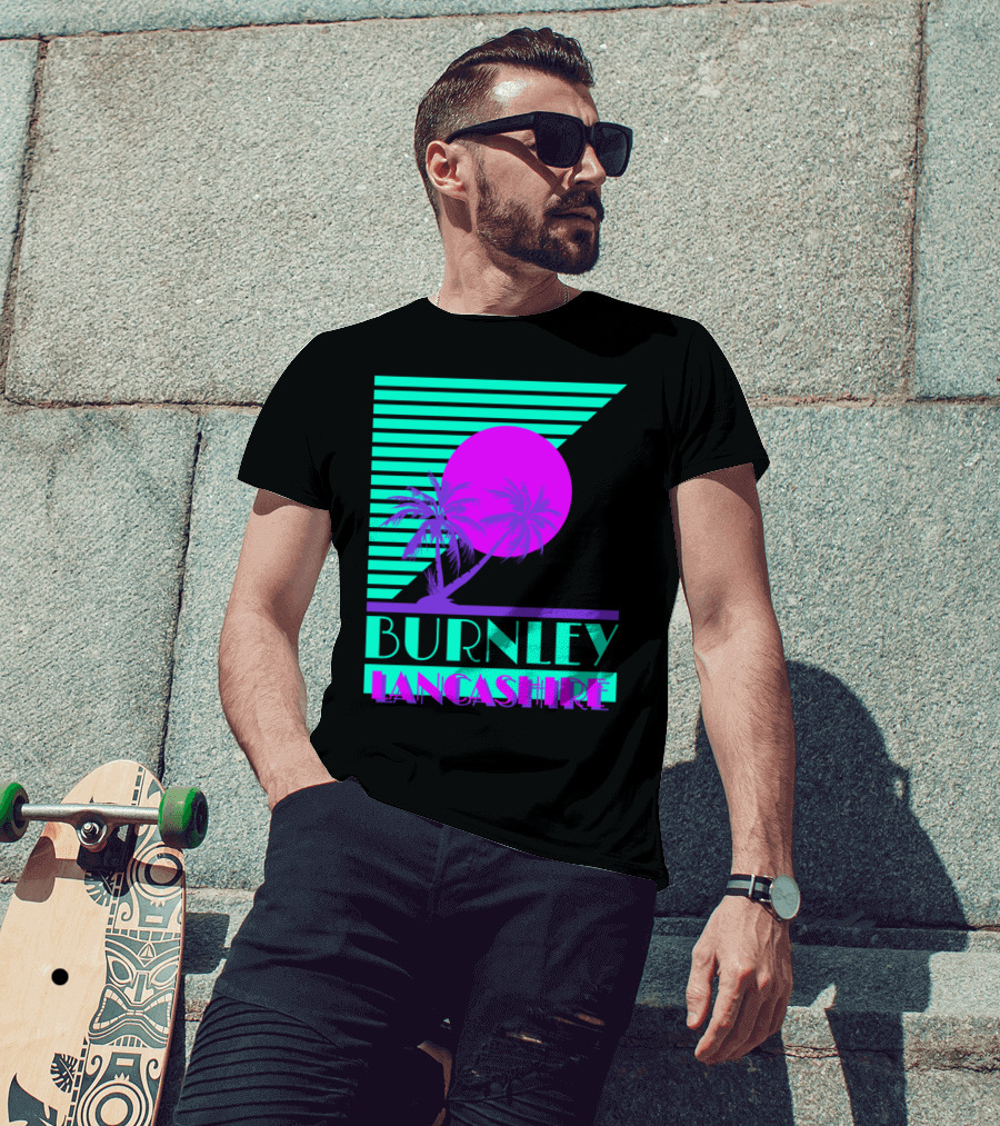 Burnley Lancashire 80s Style Retro Palm Trees And Sunset T-Shirt