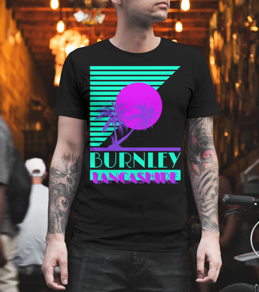 Burnley Lancashire 80s Style Retro Palm Trees and Sunset T-Shirt