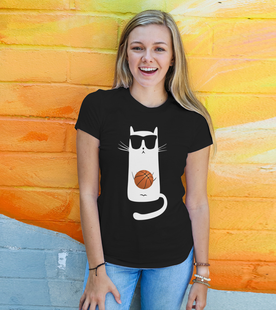 Humorous Sunglass-Wearing Cat With Basketball In Whimsical Pose T-Shirt
