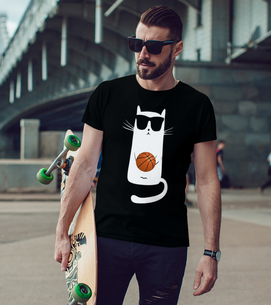 Humorous Sunglass-Wearing Cat With Basketball In Whimsical Pose T-Shirt