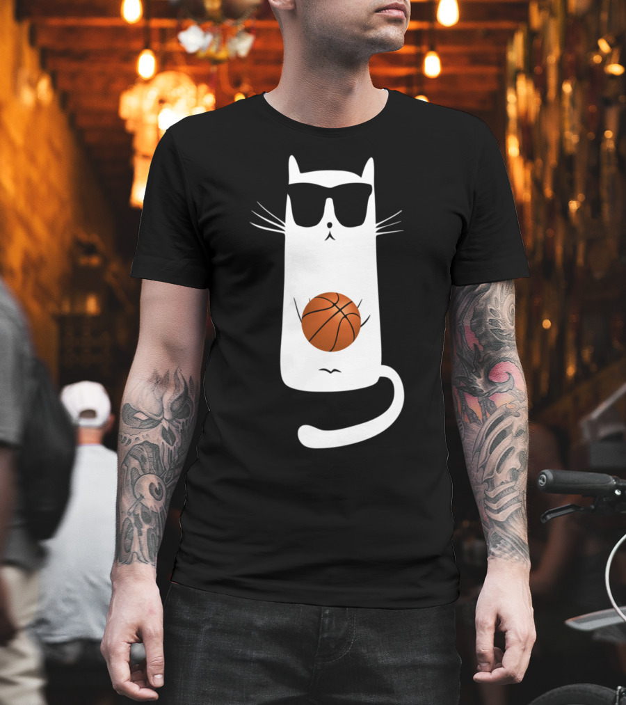 Humorous Sunglass-Wearing Cat with Basketball in Whimsical Pose T-Shirt